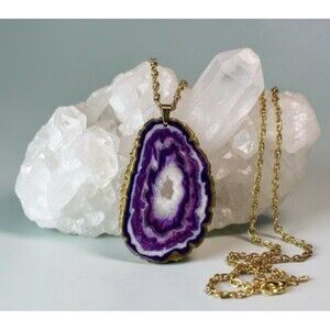 Med Faux Amethyst Geode Slice Polymer Clay Handmade Pendant Necklace SS Chain